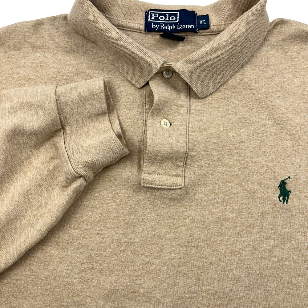Polo Ralph Lauren Mens XL Heather Beige Long Sleeve Polo Shirt Cotton Green Pony